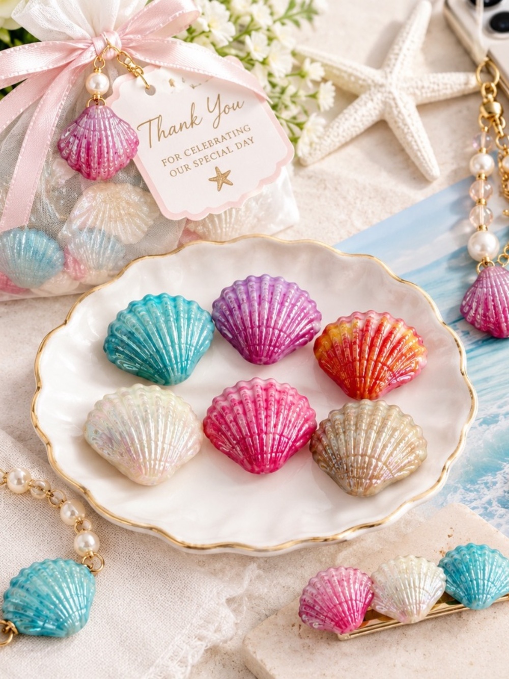 Seashell Beads 30mm Resin Iridescent Beach Wedding Mermaid Party Craft 6pc Set